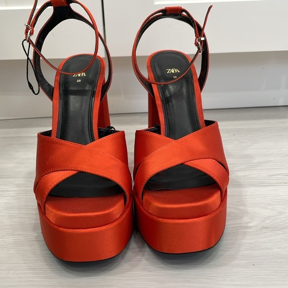 Zara Orange Satin Chunky Platform Heels - Picture 3 of 16